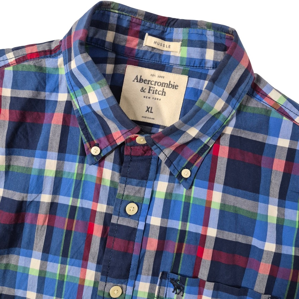 Abercrombie‎ & Fitch Button Down Muscle Shirt Mens XL Blue Plaid Short Sleeve